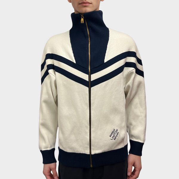 Louis Vuitton Men's Sailor White and Navy Knitted Cotton Zip Up Jacket