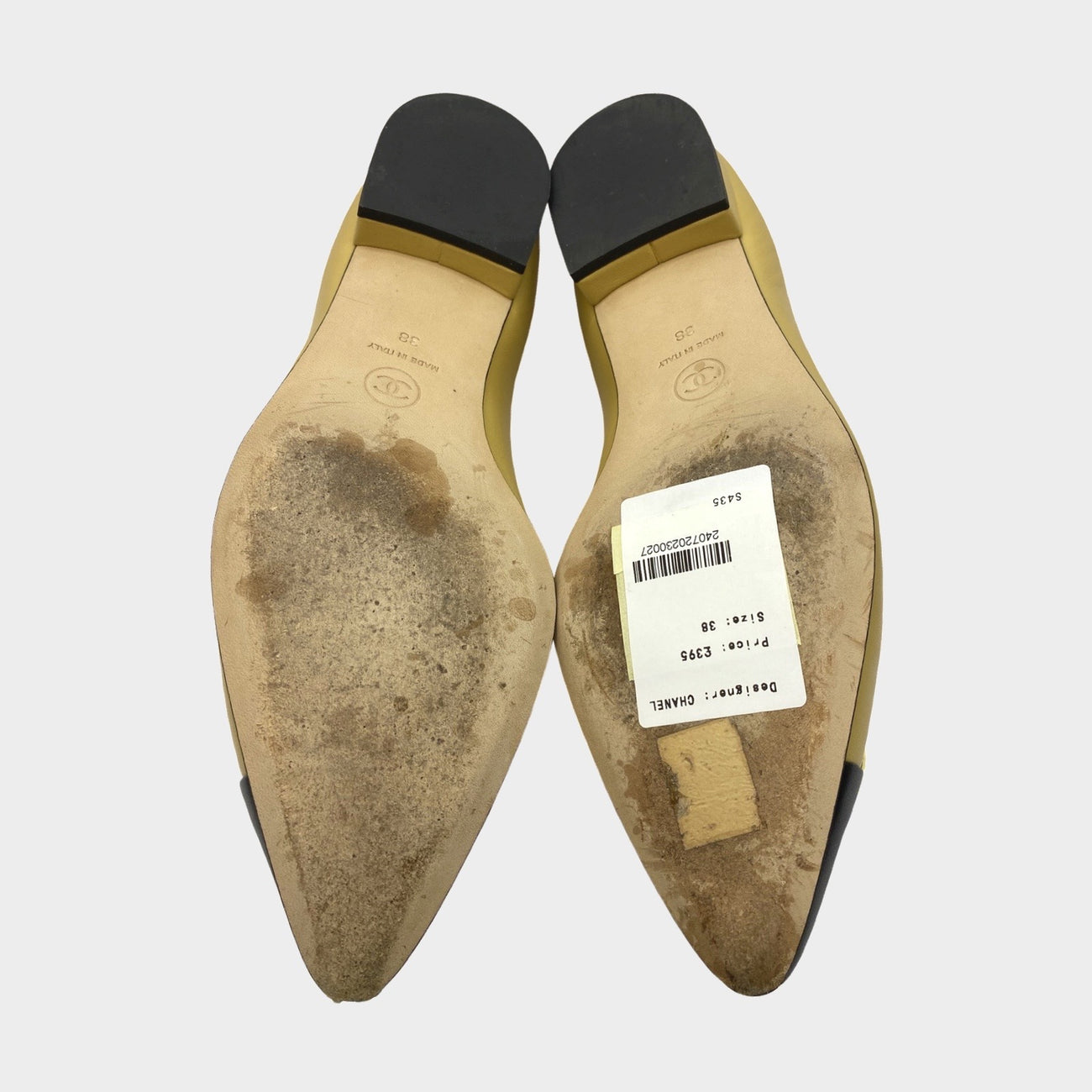 Chanel women's beige and black leather ballet flats with Camelia