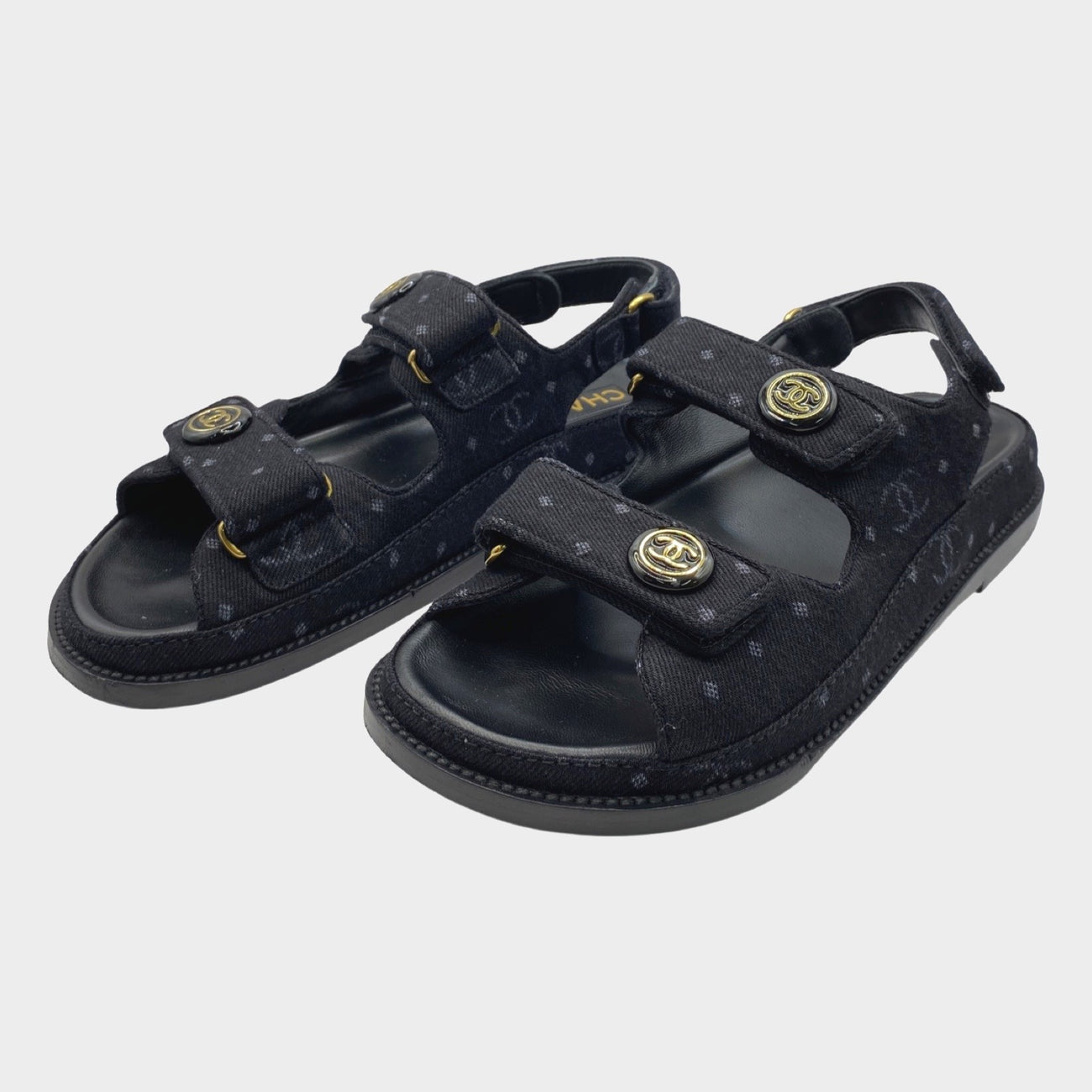 Chanel women's black CC logo Dad's sandals with gold buttons – Loop  Generation
