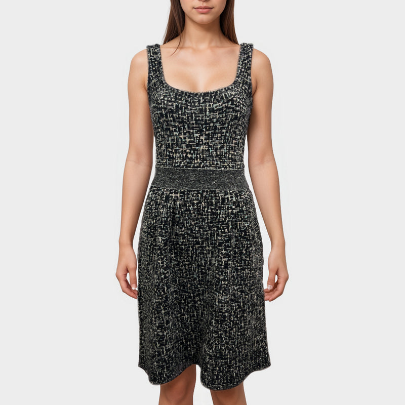 Christian Dior Women's Sleeveless Black and White Wool Tweed Dress
