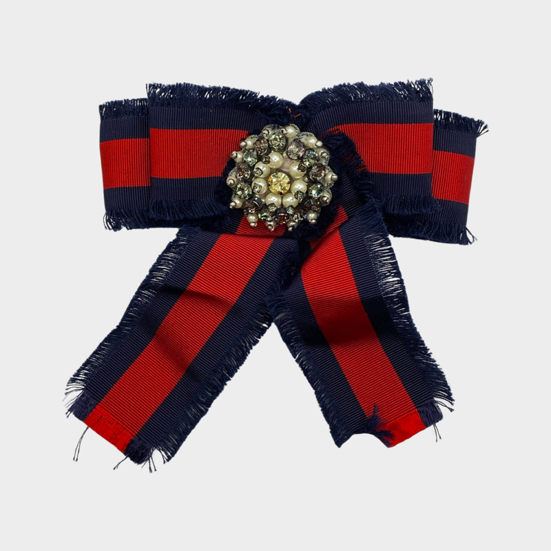 Gucci red and blue bow brooch with stone and crystal detail
