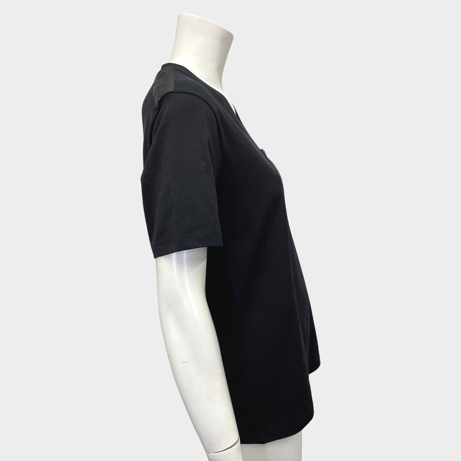 Prada women's black cotton and nylon v-neck t-shirt with a