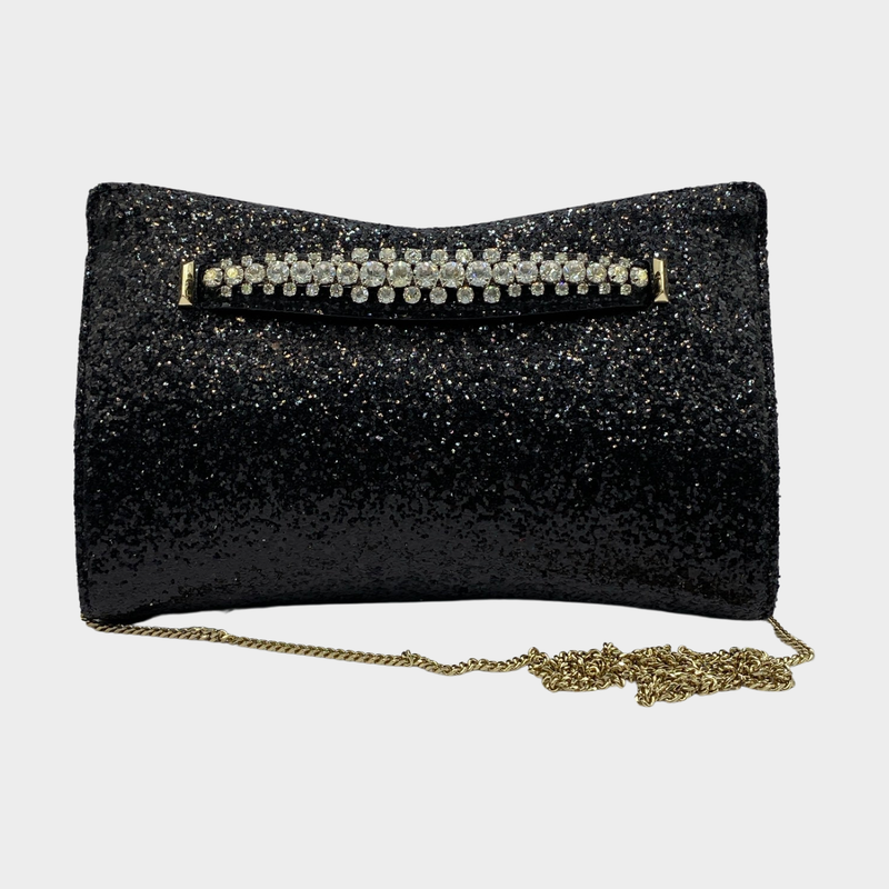 Jimmy Choo women's black glitter and crystal clutch bag with chain
