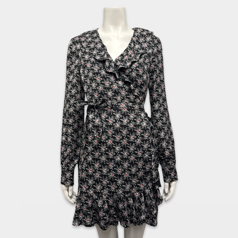Miu Miu Black Silk Wrap Dress With Floral Pattern and Ruffles