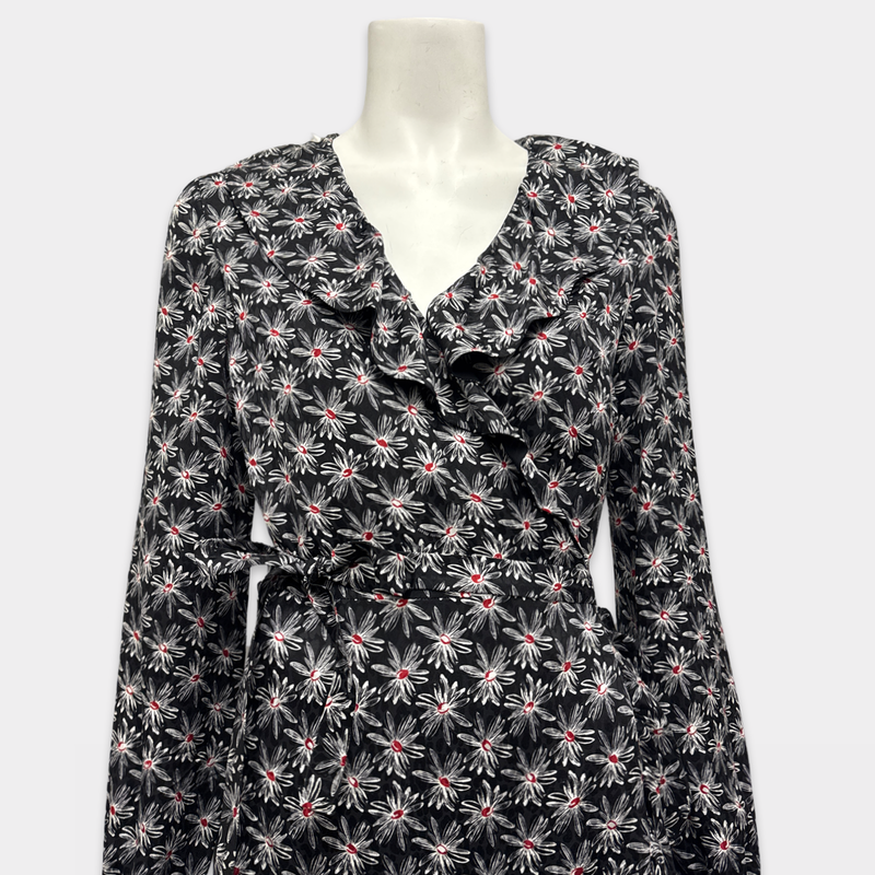 Miu Miu Black Silk Wrap Dress With Floral Pattern and Ruffles