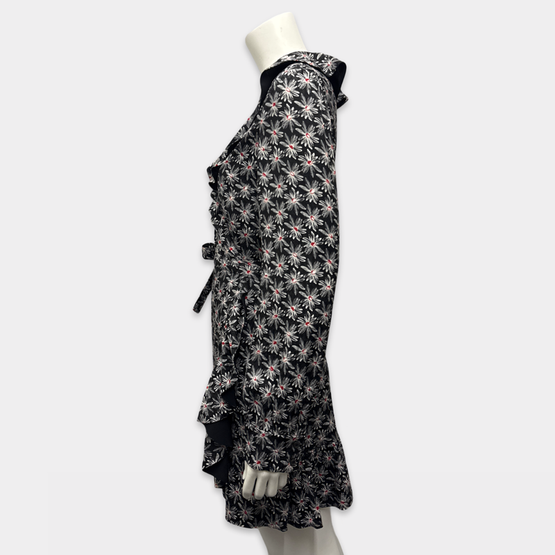 Miu Miu Black Silk Wrap Dress With Floral Pattern and Ruffles