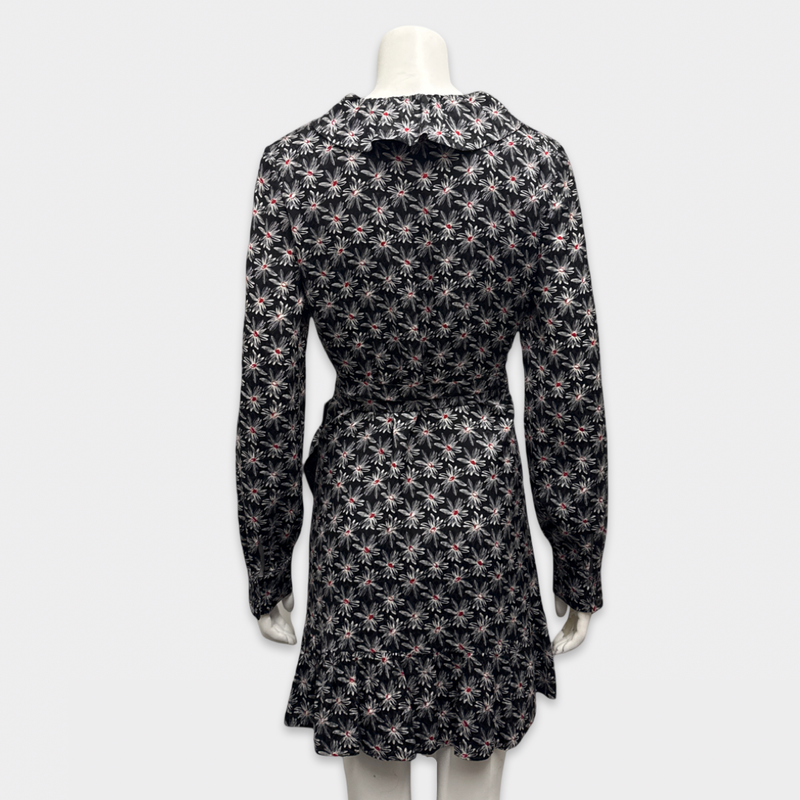 Miu Miu Black Silk Wrap Dress With Floral Pattern and Ruffles