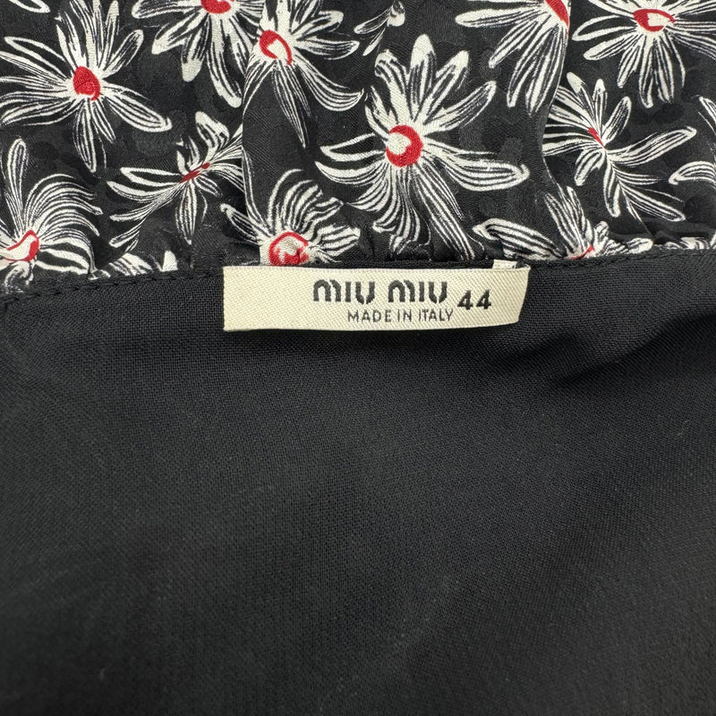 Miu Miu Black Silk Wrap Dress With Floral Pattern and Ruffles