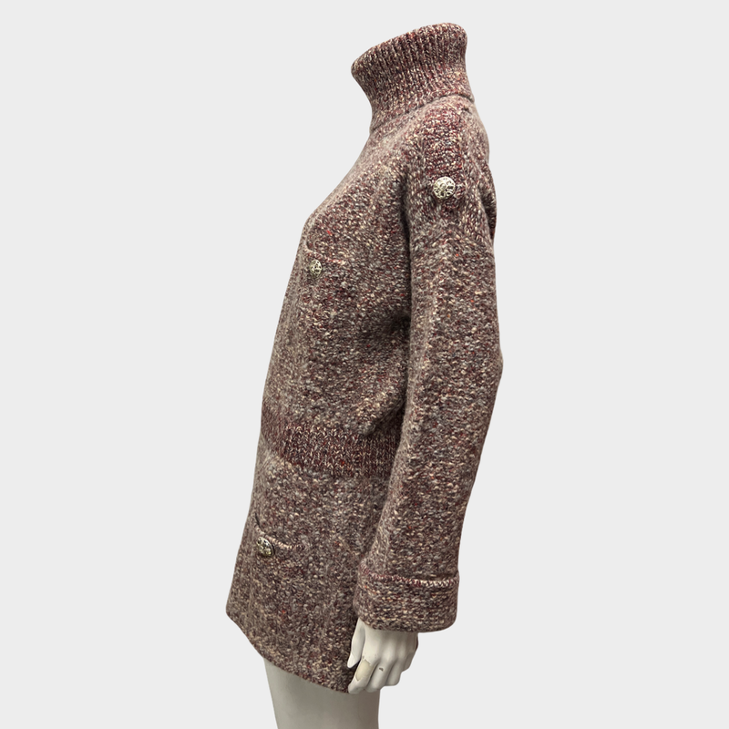 Chanel Women's Turtleneck Burgundy and White Knit Wool Dress