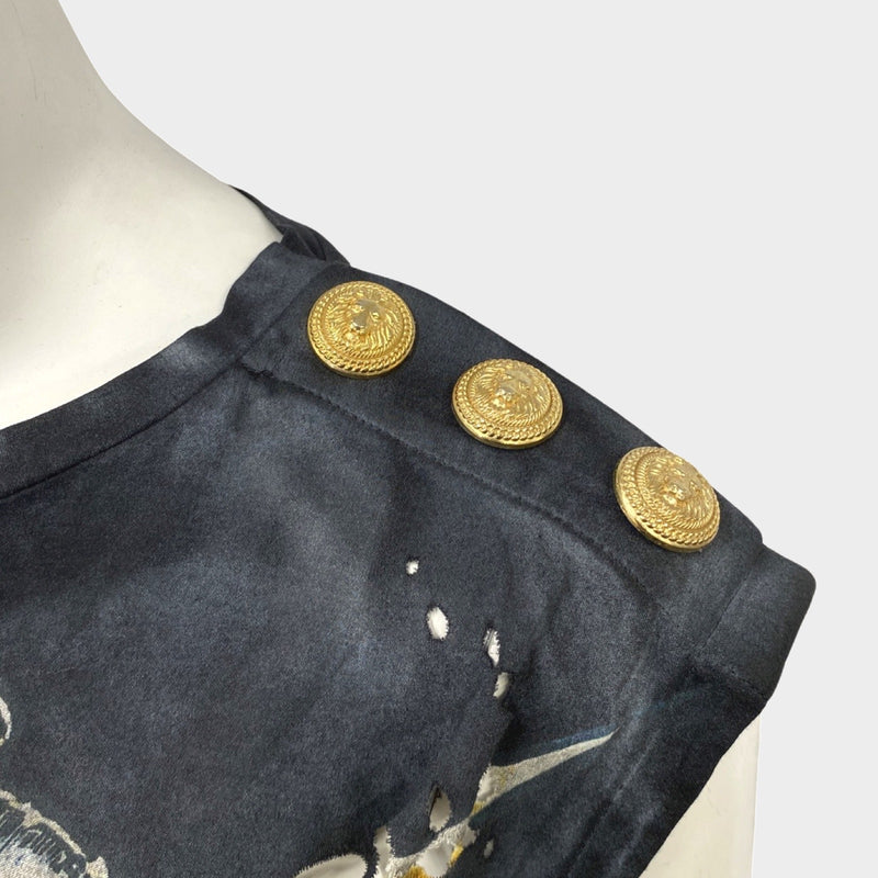 Balmain women's grey tiger print cotton tank top with cutouts and gold buttons