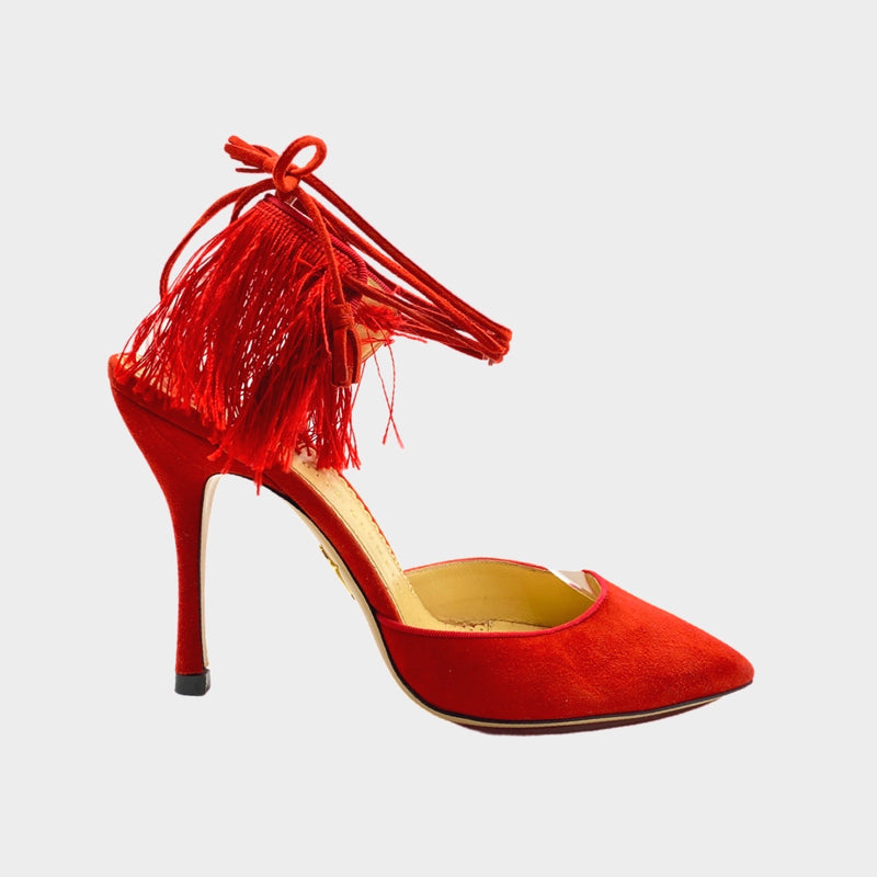Charlotte Olympia red suede ankle lace heels with fringe detail