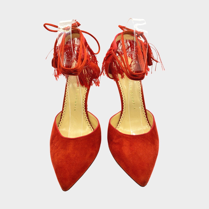 Charlotte Olympia red suede ankle lace heels with fringe detail
