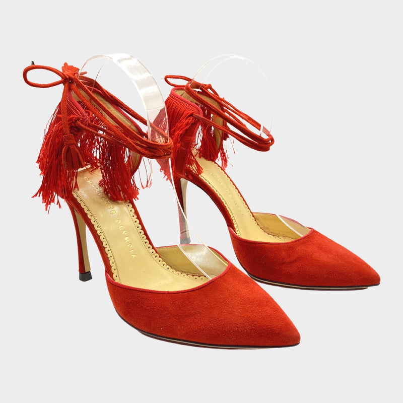 Charlotte Olympia red suede ankle lace heels with fringe detail