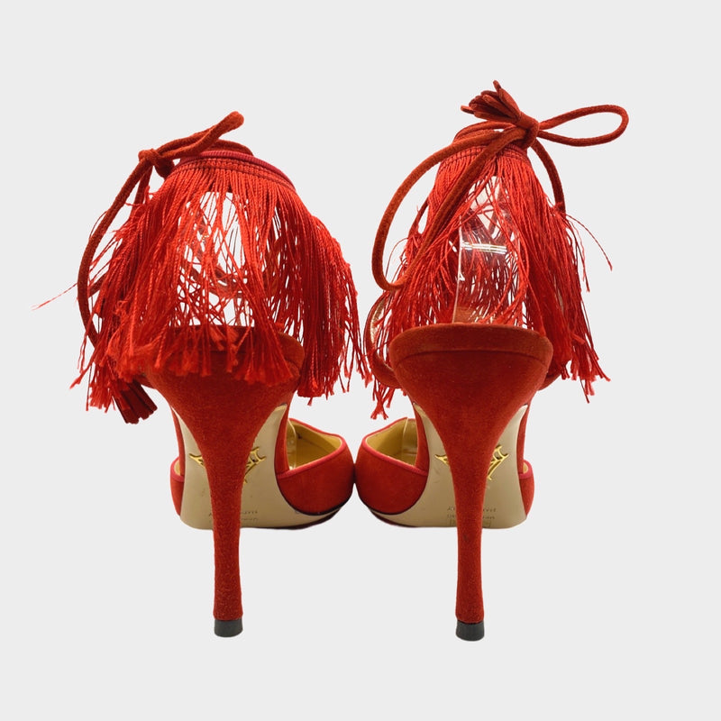 Charlotte Olympia red suede ankle lace heels with fringe detail