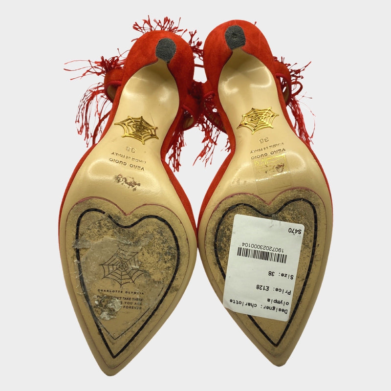 Charlotte Olympia red suede ankle lace heels with fringe detail