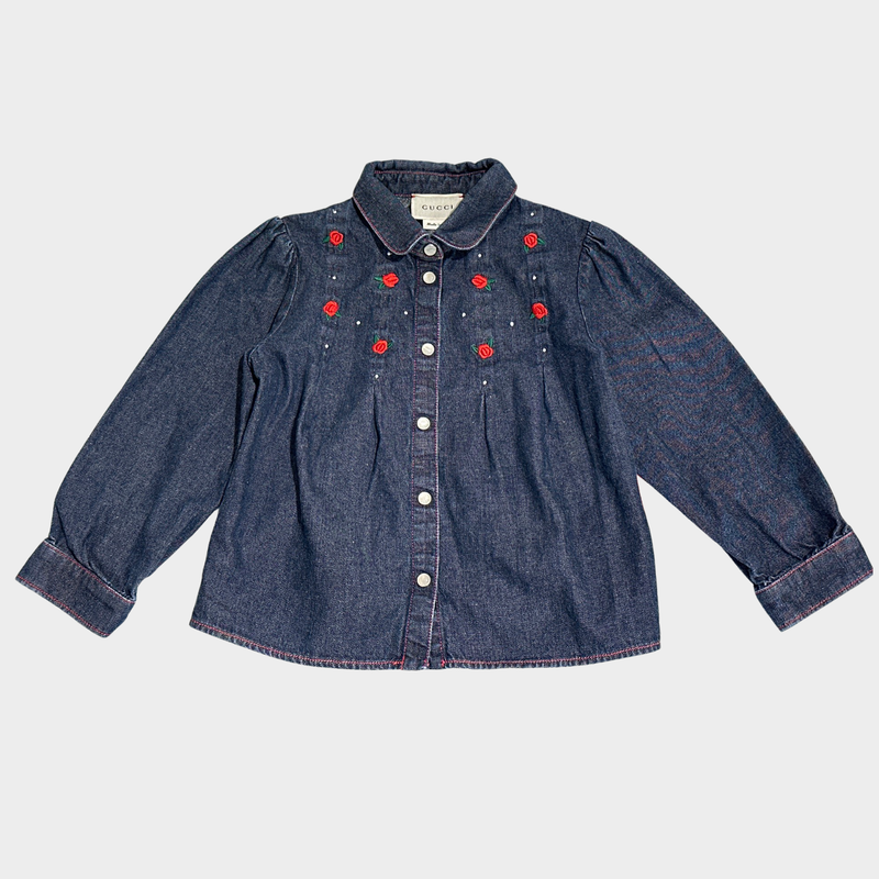 Gucci girl's blue denim cotton shirt with roses embroidery