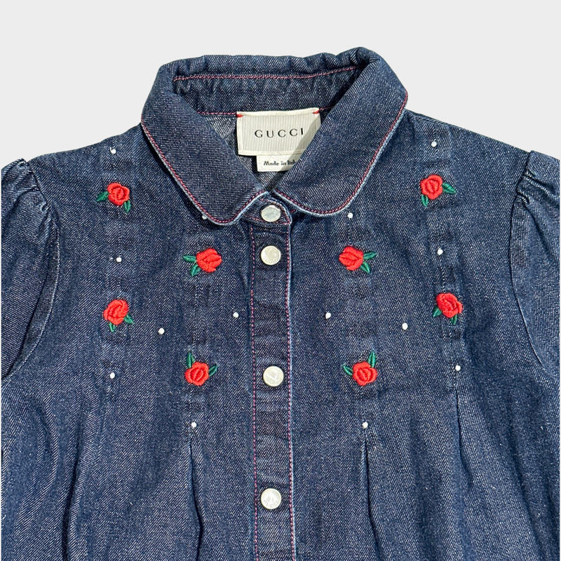 Gucci girl's blue denim cotton shirt with roses embroidery
