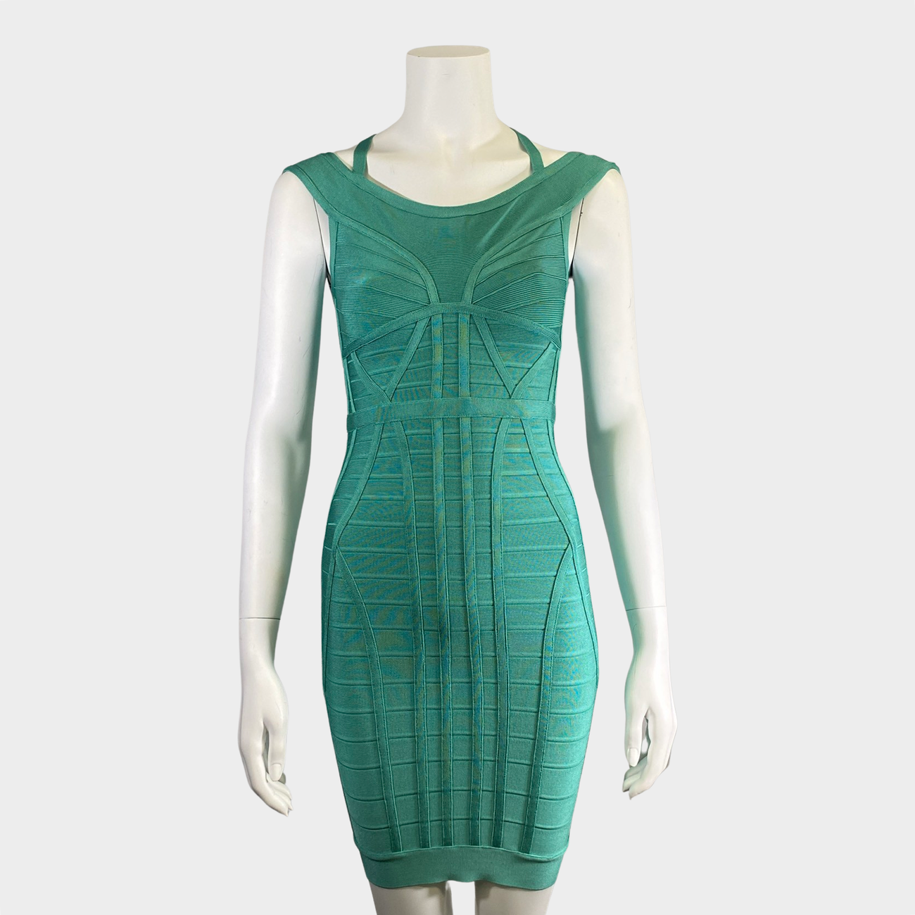 Herve Leger turquoise panelled bandage mini dress – Loop