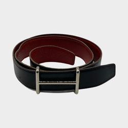Hermès women's black and red reversible leather belt with silver buckle