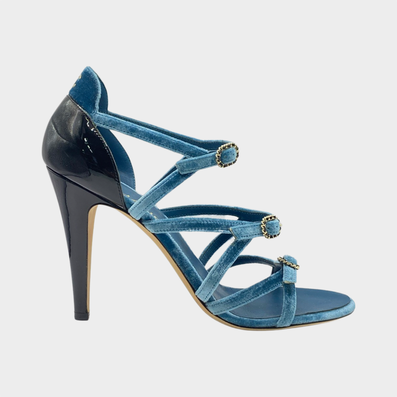 Chanel black and blue leather and velvet sandal heels