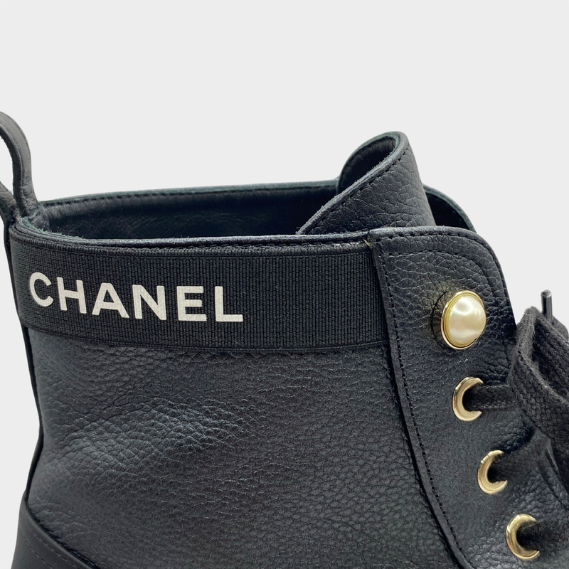 Chanel women's black pearl detailed leather heeled boots