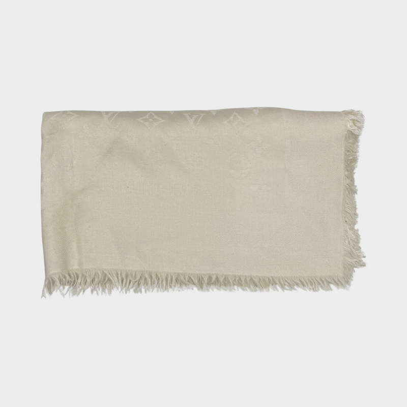 Louis Vuitton ecru square silk and wool logo print scarf