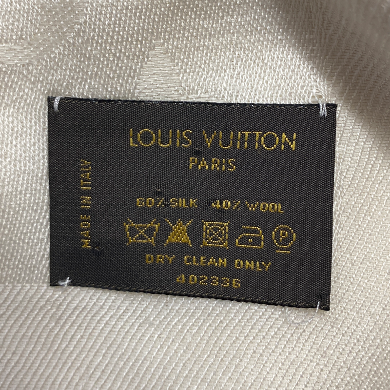 Louis Vuitton ecru square silk and wool logo print scarf
