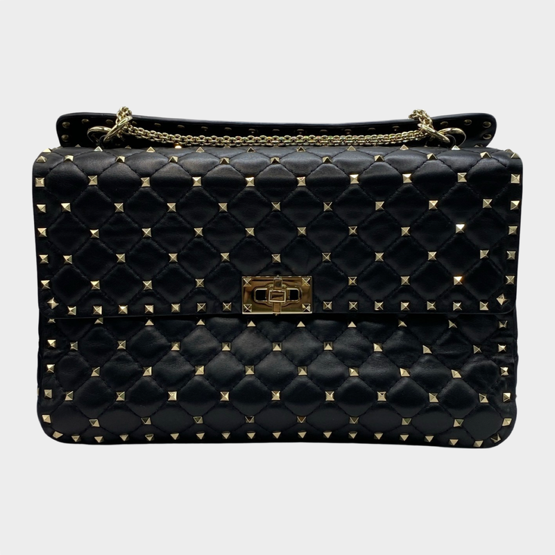 Valentino women's black Jumbo Rockstud Spike leather bag with gold hardware