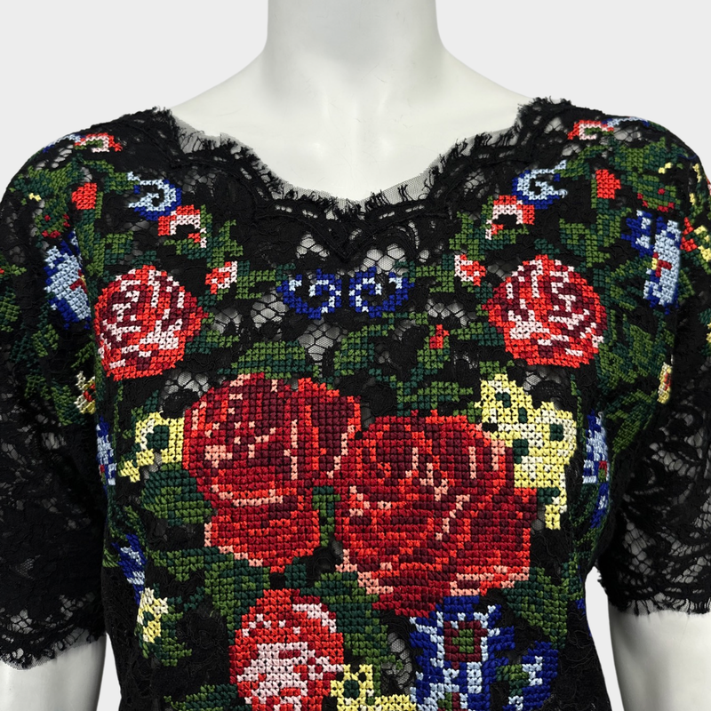 DOLCE&GABBANA women's black lace and multicoloured embroidery silk blouse