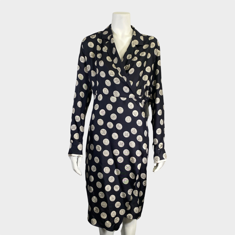 Max Mara navy coin print wrap-style midi dress