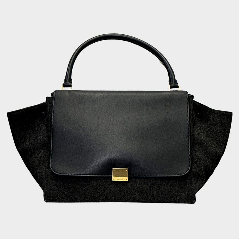 CÉLINE women's medium black Trapeze leather and charcoal wool handbag with gold hardware
