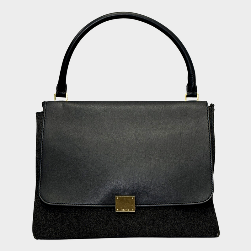 CÉLINE women's medium black Trapeze leather and charcoal wool handbag with gold hardware