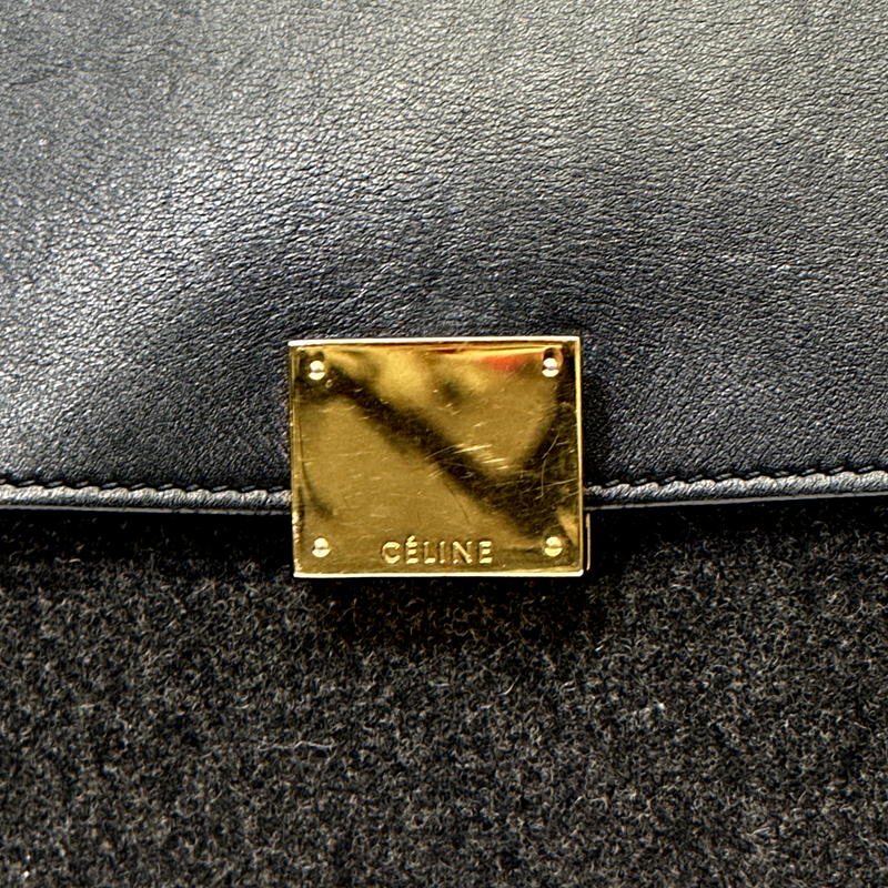 CÉLINE women's medium black Trapeze leather and charcoal wool handbag with gold hardware