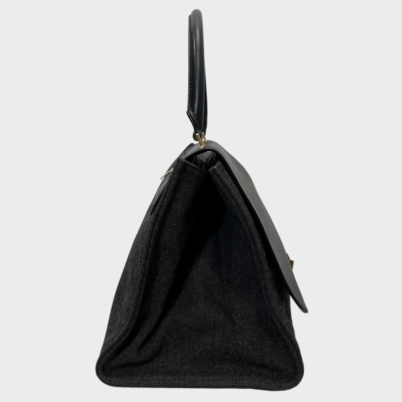 CÉLINE women's medium black Trapeze leather and charcoal wool handbag with gold hardware
