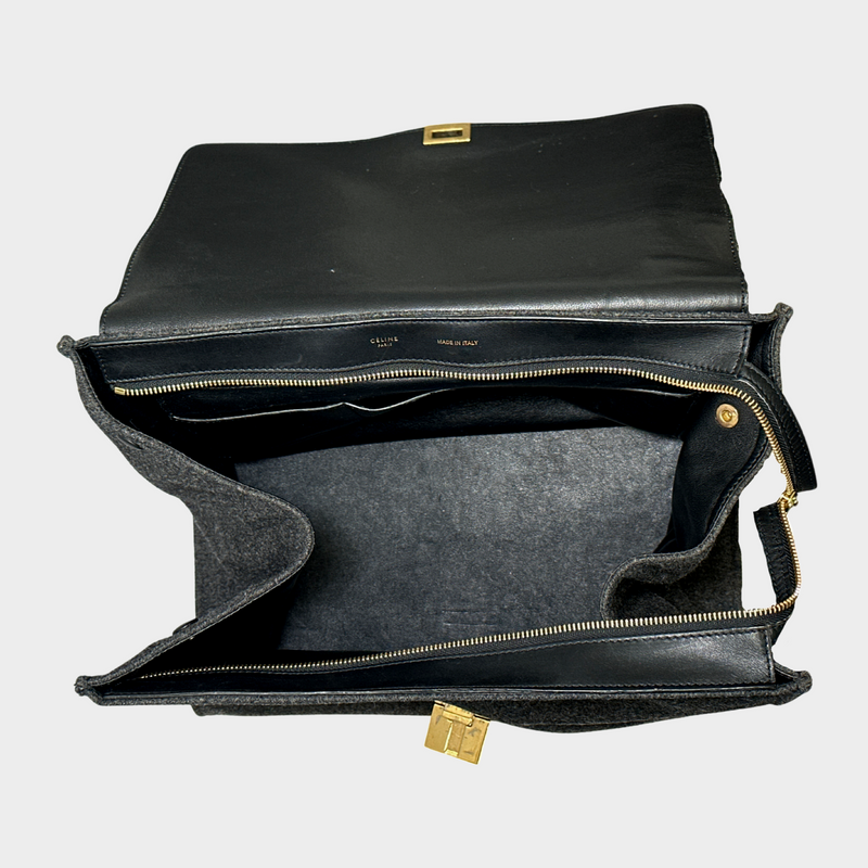 CÉLINE women's medium black Trapeze leather and charcoal wool handbag with gold hardware