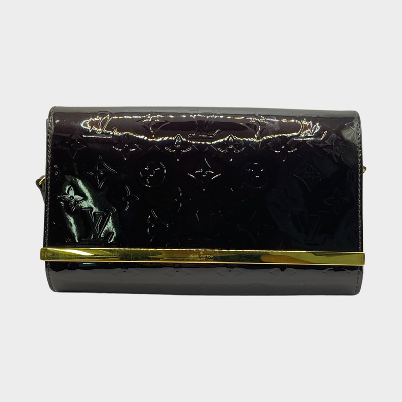 Louis Vuitton women's burgundy and gold patent leather clutch with strap