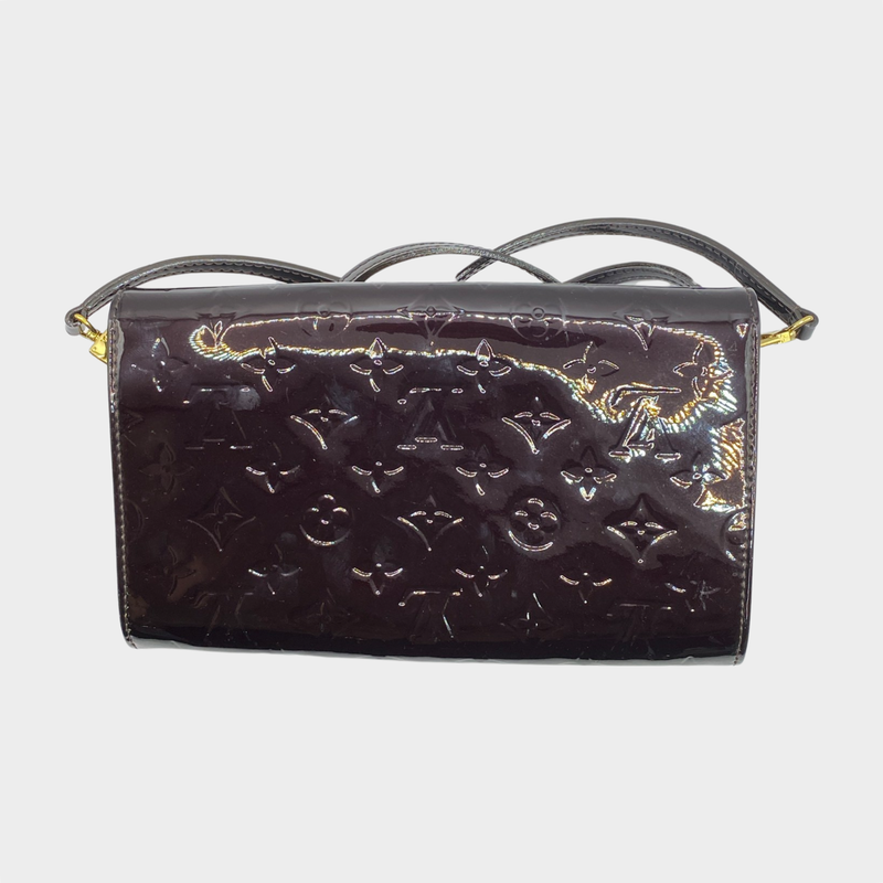 Louis Vuitton women's burgundy and gold patent leather clutch with strap