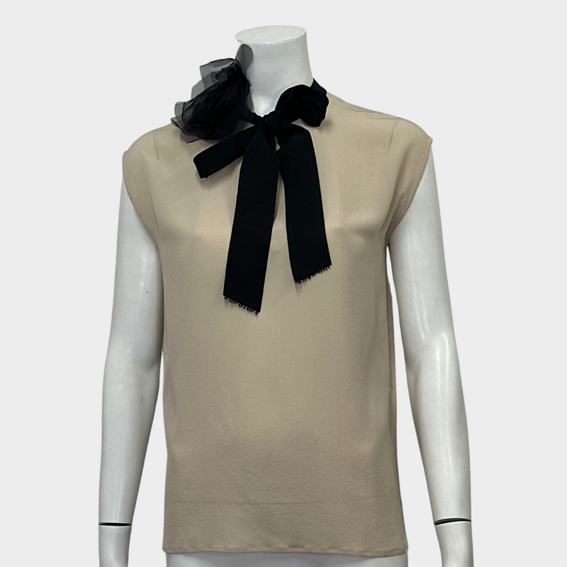 Lanvin women's ecru silk sleeveless blouse with black bow and rose detail