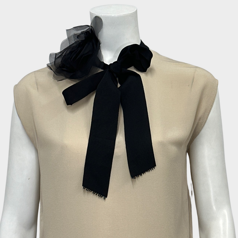 Lanvin women's ecru silk sleeveless blouse with black bow and rose detail