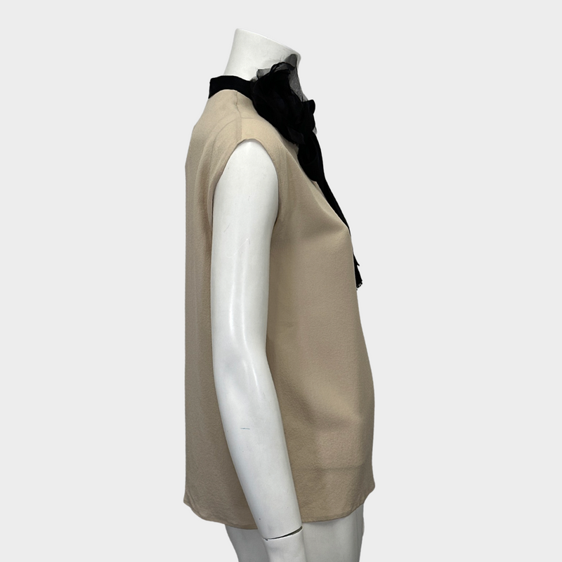 Lanvin women's ecru silk sleeveless blouse with black bow and rose detail