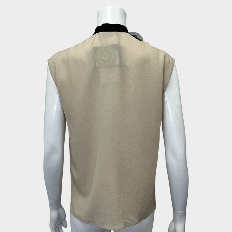 Lanvin women's ecru silk sleeveless blouse with black bow and rose detail