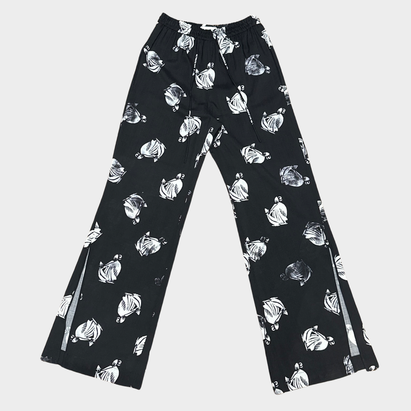 LANVIN women's black and white mother and child print silk palazzo trousers