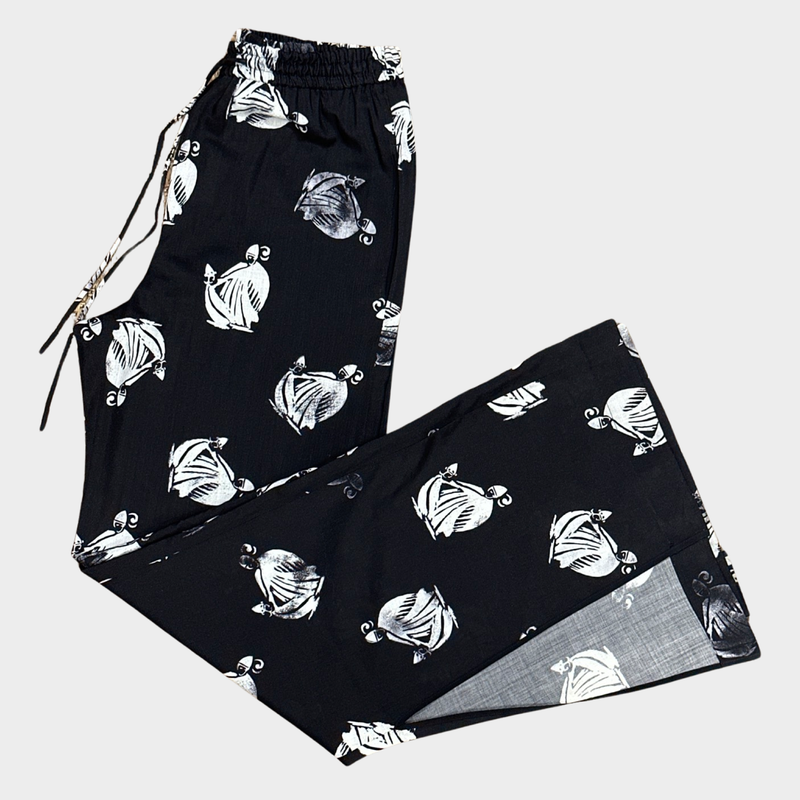 LANVIN women's black and white mother and child print silk palazzo trousers