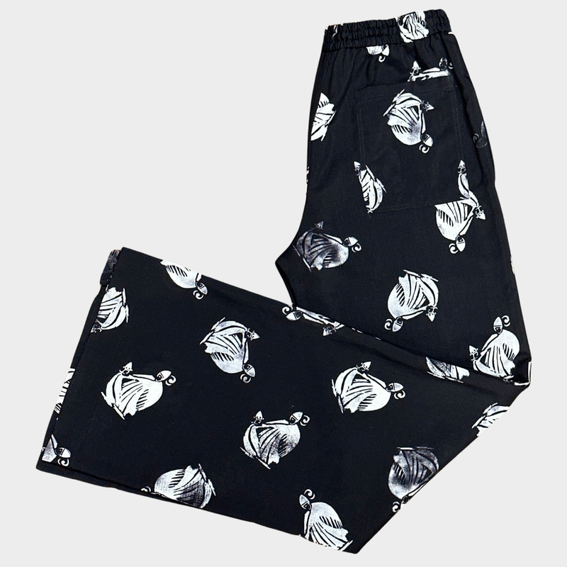 LANVIN women's black and white mother and child print silk palazzo trousers