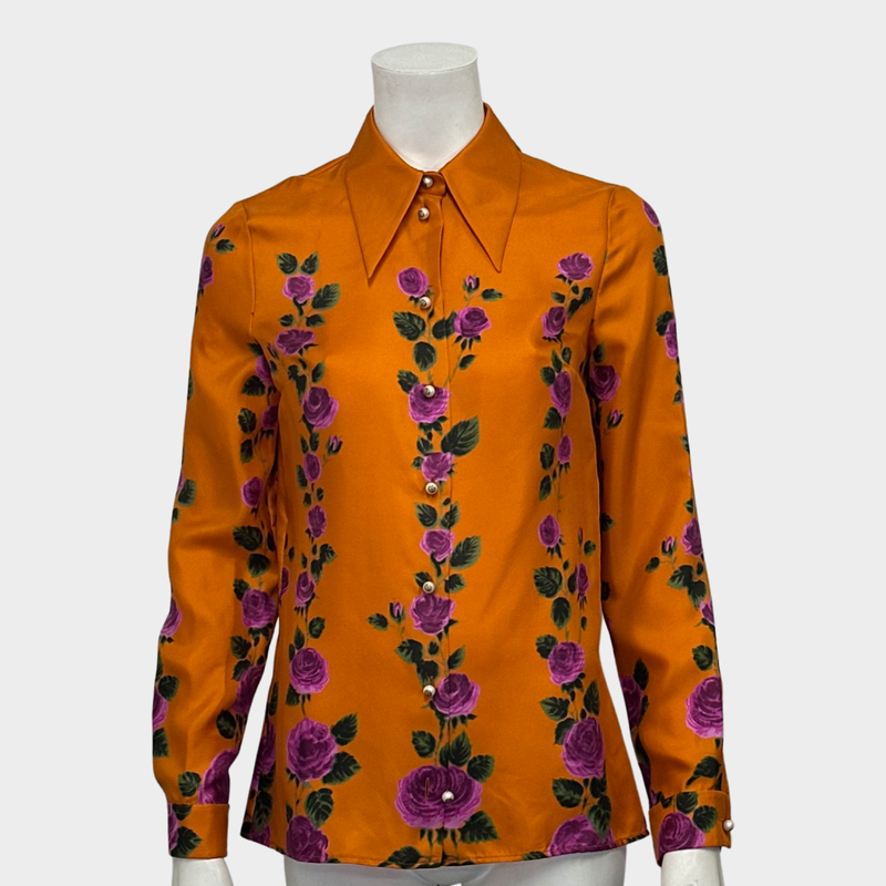 Gucci women's orange and roses print silk shirt