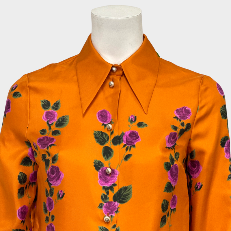 Gucci women's orange and roses print silk shirt