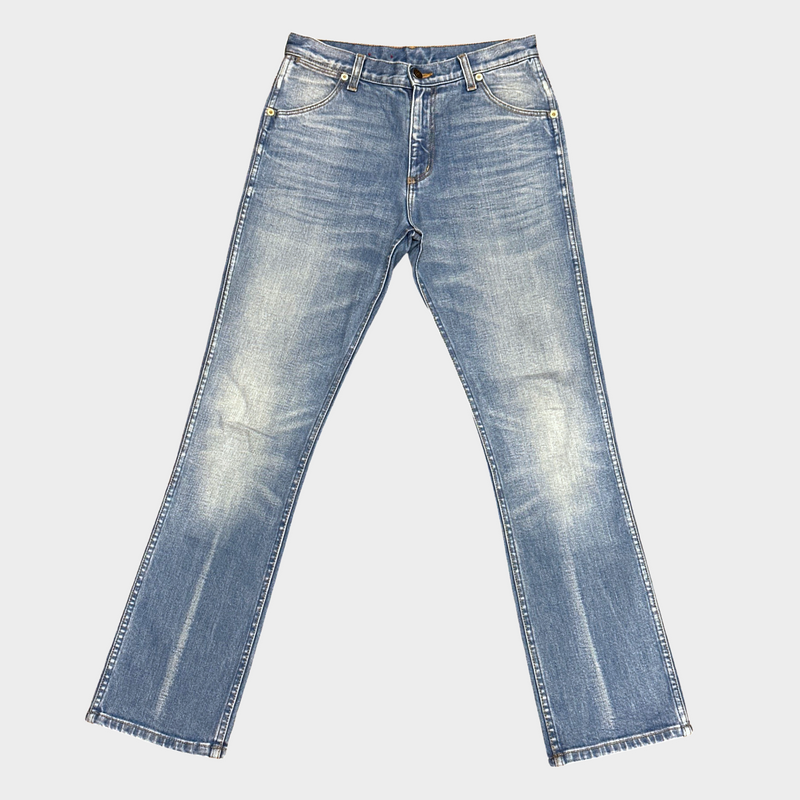 GUCCI women's blue distressed jeans with logo detail at the back