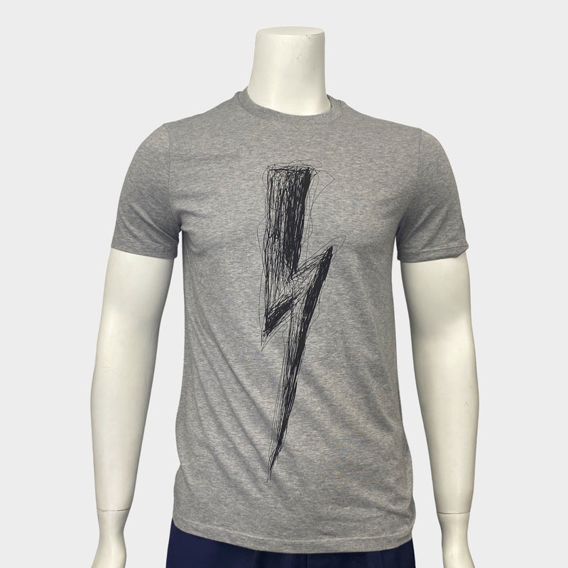 Neil Barrett men's grey cotton T-shirt with thunder-bolt print