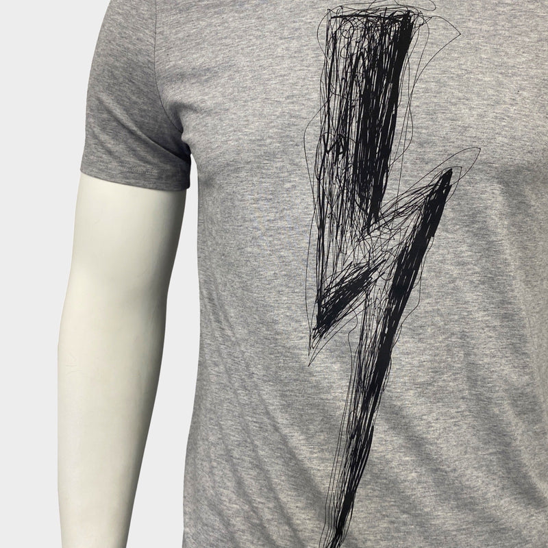 Neil Barrett men's grey cotton T-shirt with thunder-bolt print