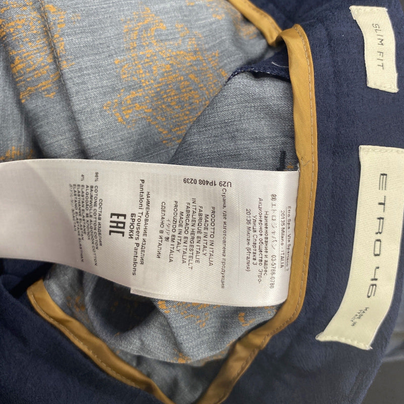Etro men's navy cotton trousers with subtle paisley print